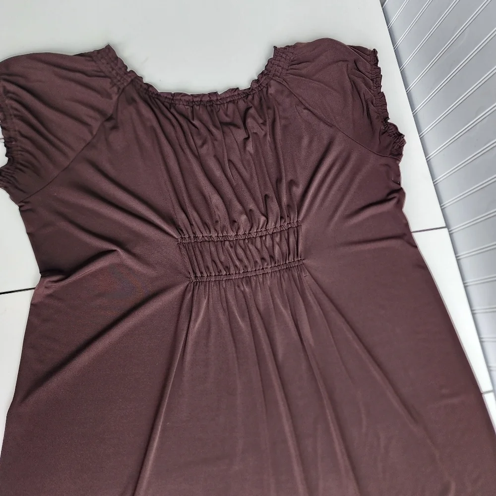 Michael Kors Womens Plus 3X Brown Stretch Blouse Short Sleeve Shirt Top Rutched